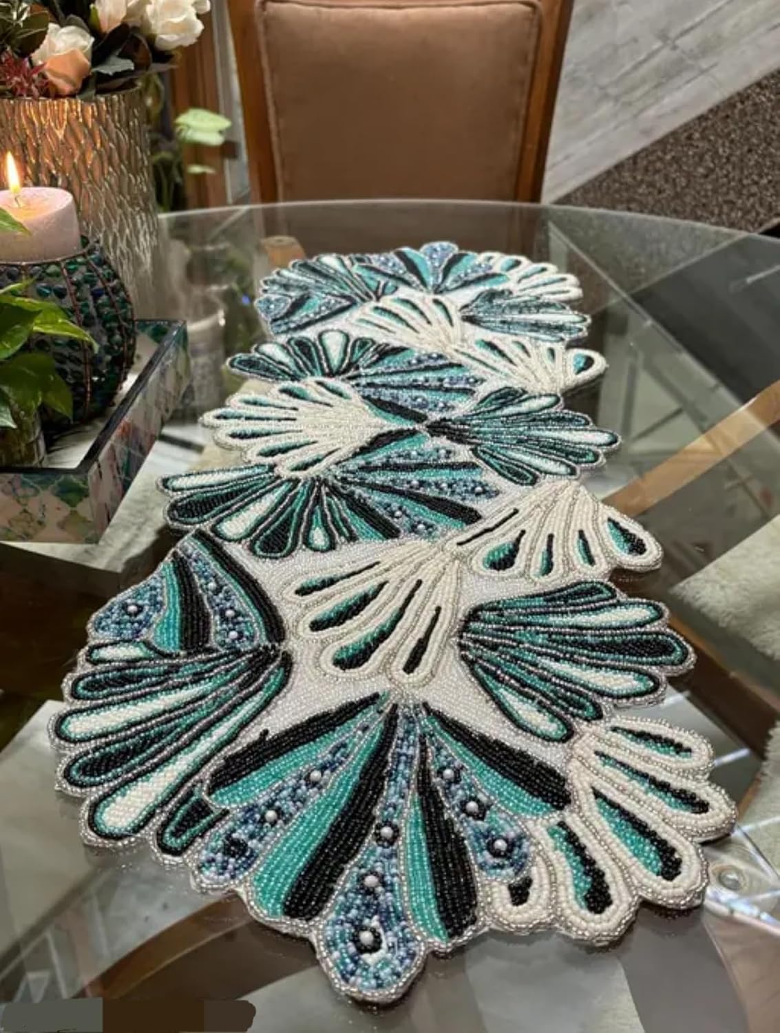 Beaded Handcrafted Table Runner, Teal Green and Cream, Decorative Home Accent, Floral Design