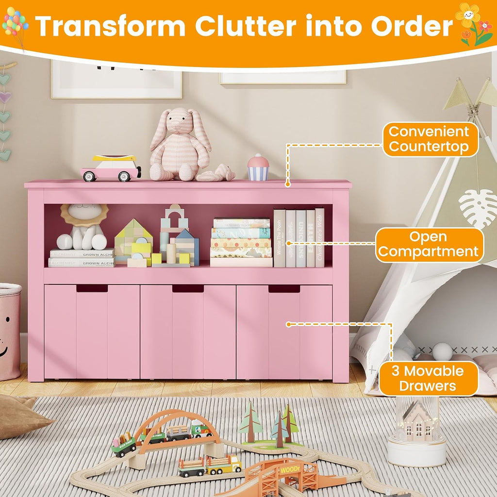 HONEY JOY Kids Toy Storage Organizer, Children Daycare Shelf, 3 Wooden Toy Box w/Wheels, Toddler Classroom Display Cabinet for Playroom, Nursery, Kindergarten (Pink)
