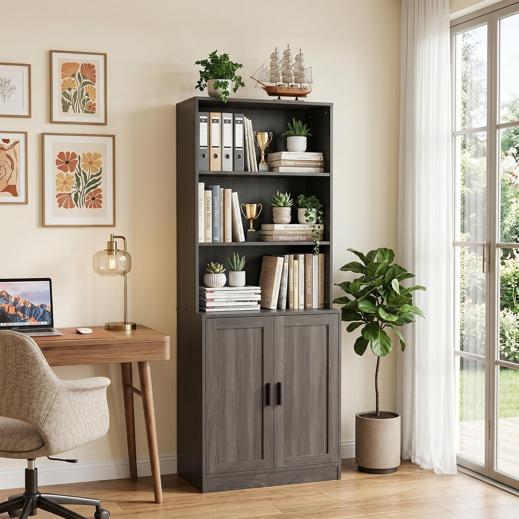 holzart 75' Tall Bookcase with Doors, 5 Tier Large Bookshelf with Cabinet, Standing Wood Display Book Shelf for Living Room, Office, Library with Doors, Dark Grey