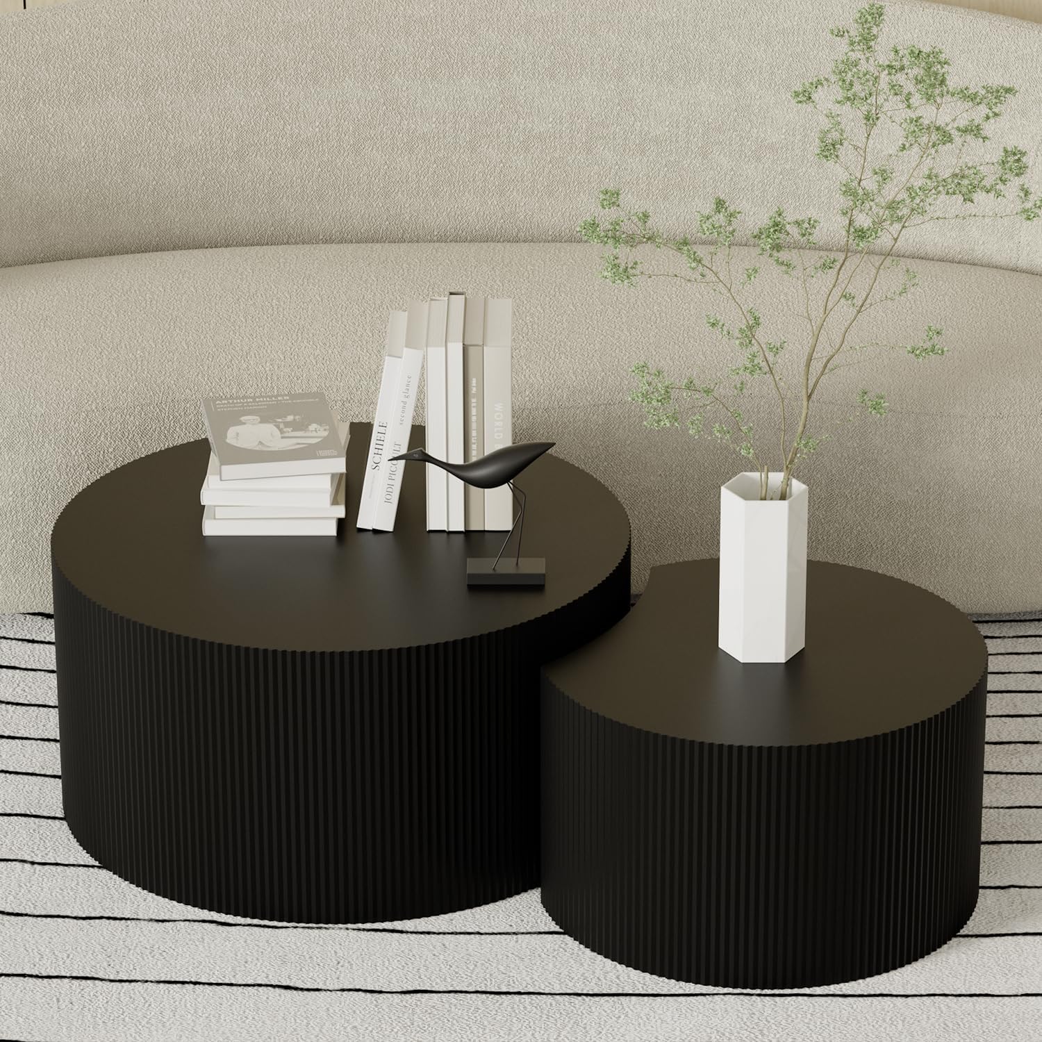 Black Round Coffee Table Set of 3 Modern Drum Circle Nesting Coffee Tables for Living Room, Contemporary Wood Fluted Embossed Round+Small Crescent Coffee Table, No Assembly, Black (3-Pcs)