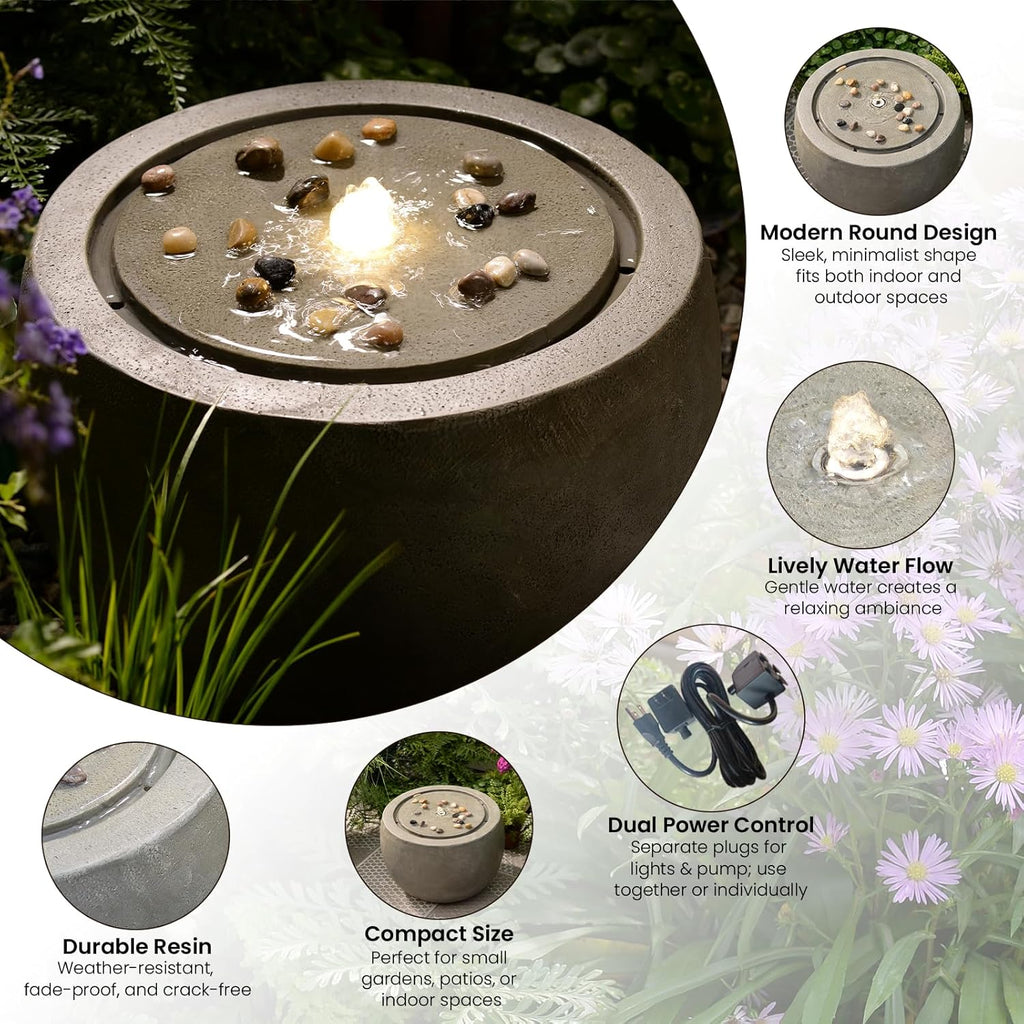 Tankana Garden Water Fountain Outdoor Large Round Bubbler Water Feature Indoor with Lights & Pump and Pebbles Concrete Effect for Patio Pool Pond Yard Home Decor Gray, 25 'L X 25' W X 17.5' H