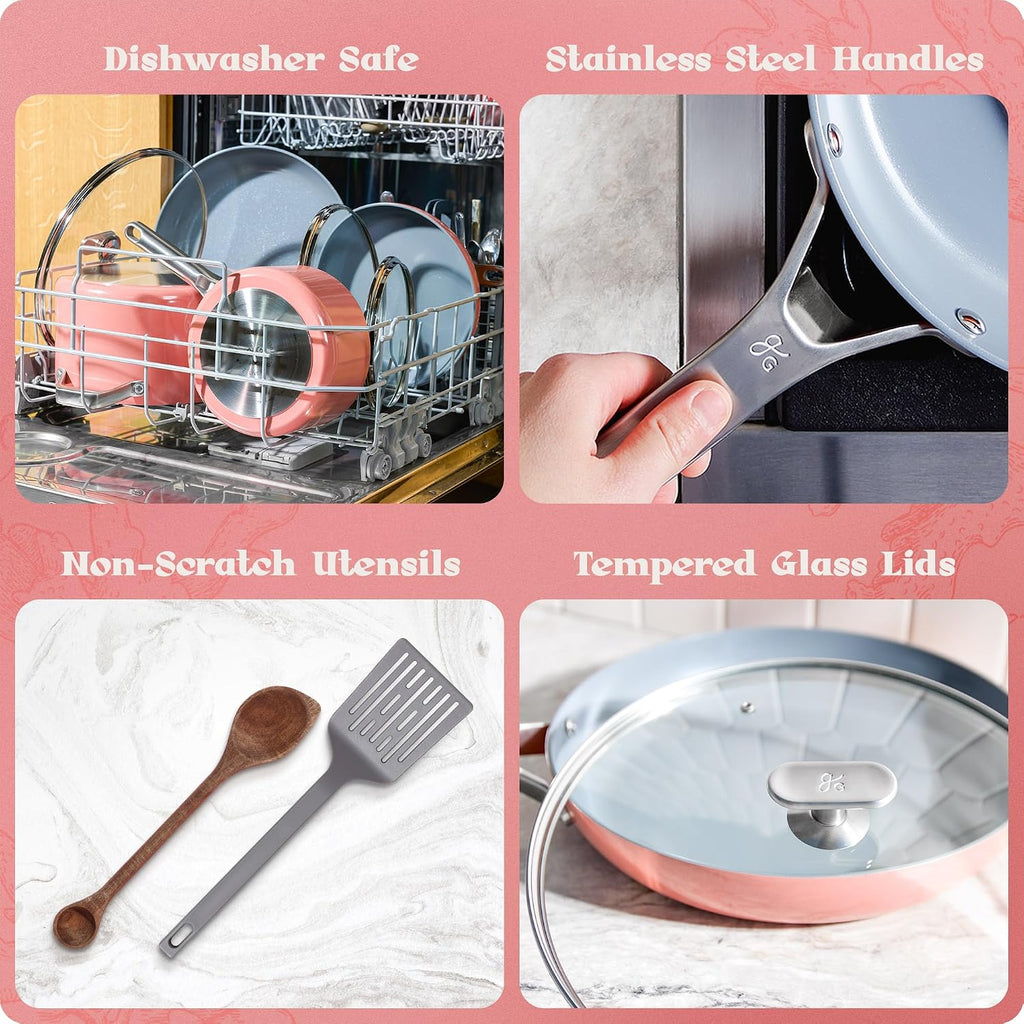 Premium Non-Toxic Ceramic Cookware Set – Triple-Layer Nonstick 12 Piece Pots and Pans with Lids, PFAS-Free, Oven Safe for Healthy Meals, Space-Saving Design, Coral Pink Color | Greater Goods