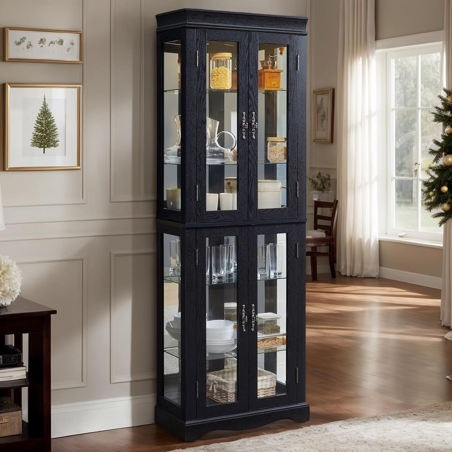 71' Lighted Curio Cabinet with 6 Adjustable Shelves, Vintage Glass Display Case, Tempered Glass Doors, Tall Wine Bar Cabinet for Living Room Liquor Storage, Bulb Included (Black & Arched bottom)