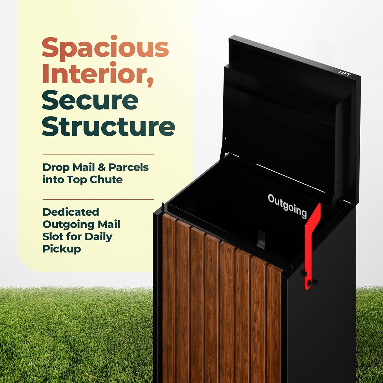Aspen USPS Compatible Mailbox, Classic Black/Walnut Package Mailbox, Anti-Theft Locking Parcel Drop Box for Porch, Large Mailbox for Packages, Weather-Sealed Powder Coated Steel