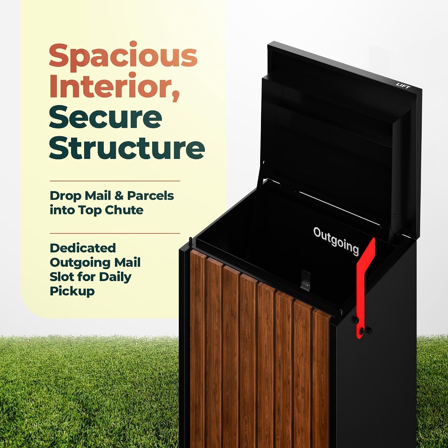 Aspen USPS Compatible Mailbox, Classic Black/Oak Package Mailbox, Anti-Theft Locking Parcel Drop Box for Porch, Large Mailbox for Packages, Weather-Sealed Powder Coated Steel