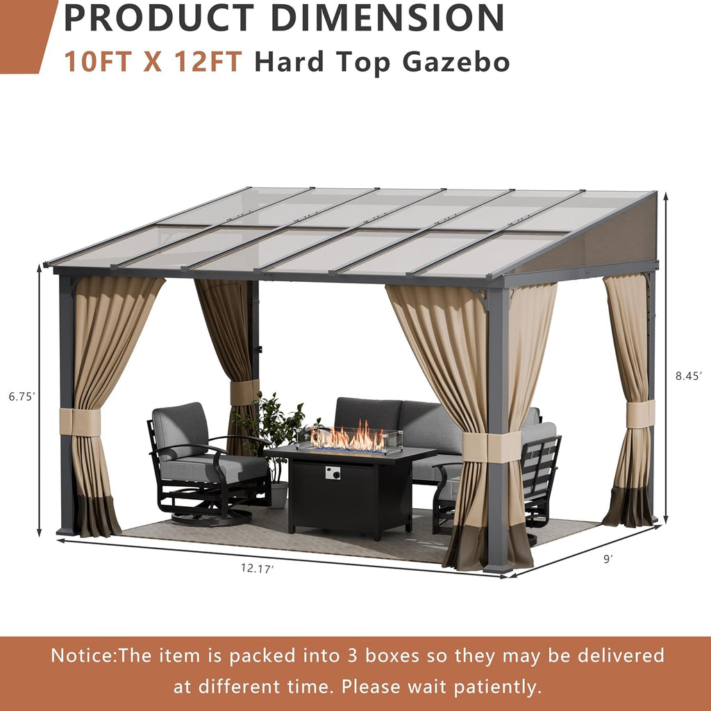 ALAULM 10'x 12' Outdoor Hardtop Pergola,Wall Mounted Lean to Gazebo with Curtains and Netting,Galvanized Metal Frame,Sunshade for Patio, Backyard, Deck and Lawns-Sand
