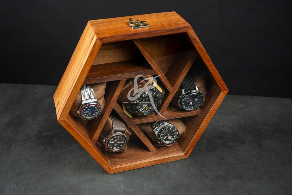 Royal Craft Expertise 7-Slot Honeycomb Wooden Watch Box – Handcrafted Indian Rosewood Timepiece Display Case | Unique Multipurpose Design with Glass Lid – Luxury Gift for Him