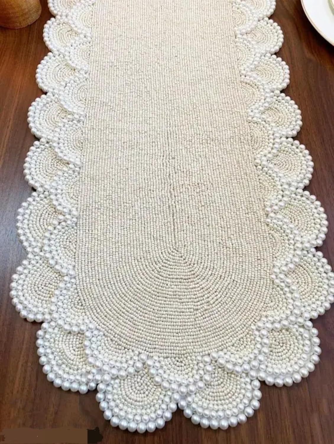 Beaded Table Runner, Cream, Scalloped Edge, Handcrafted Beaded Design, Farmhouse Dining Decor