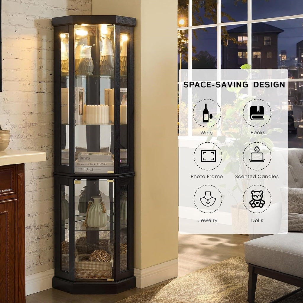 70' Lighted Corner Curio Cabinet, Curved Wood China Display Case with Tempered Glass Doors & Adjustable Shelves, Light Bulb Included, Tall Wine Storage Rack for Bar and Liquor Storage (Black)