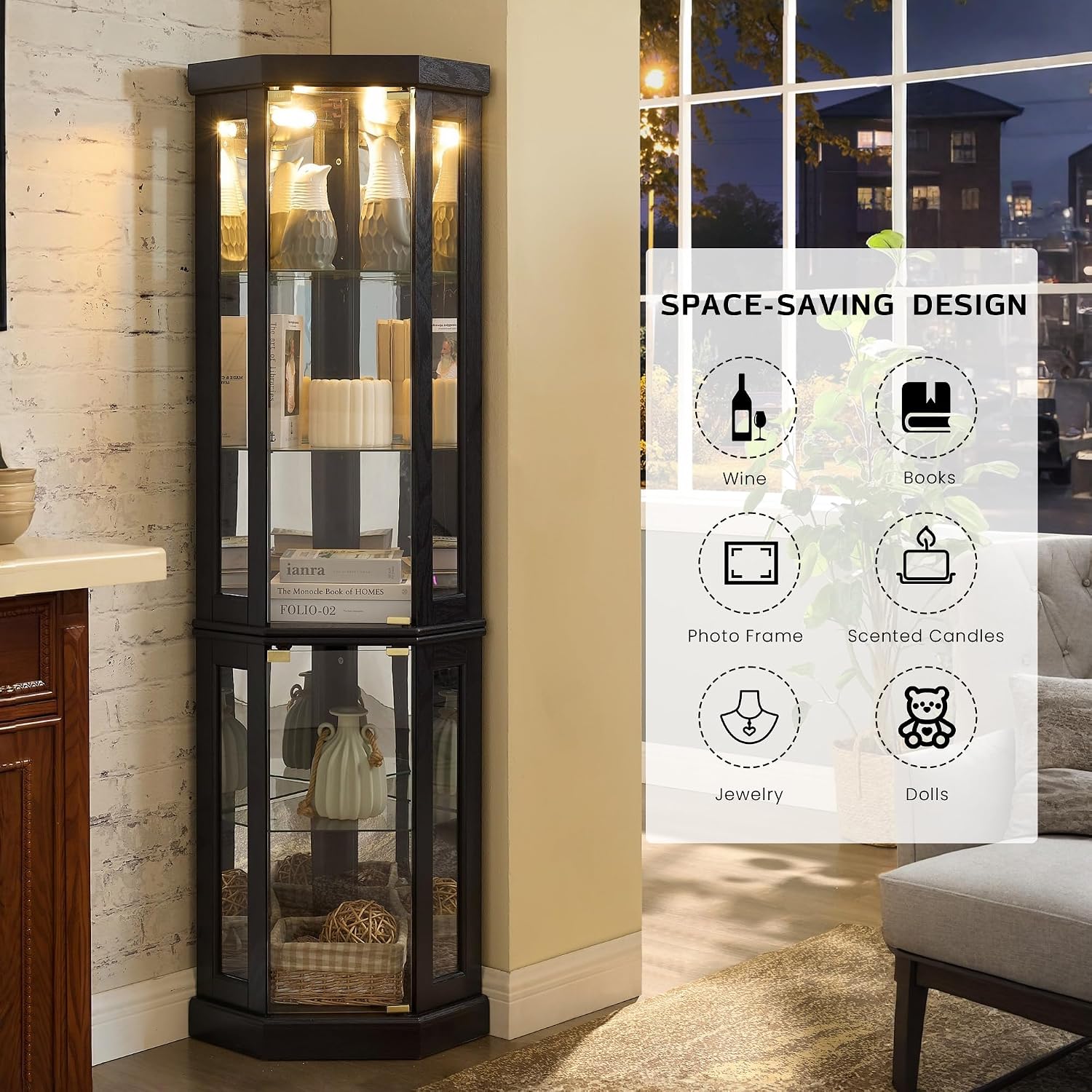 Corner Curio Cabinet, 70' H Lighted Glass Display Cage with Tempered Glass Doors and Adjustable Shelves, Bulb Inclued, Wine Bar China Cabinet for Living Room Liquor Storage (Black)