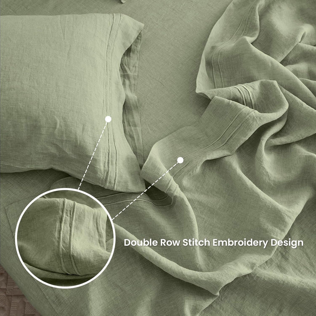 Simple&Opulence 100% Linen Sheet Set 4 Pieces Natural France Flax Bed Sheet (1 Flat Sheet, 1 Fitted Sheet, 2 Pillowcases) Breathable Luxury Hotel Bedding - Embroidery Sage Green, King Size