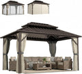 Outsunny 10' x 14' Hardtop Gazebo with UPF50+ Double Galvanized Steel Roof Canopy, Aluminum Frame Permanent Outdoor Gazebo with Curtains and Netting, Ceiling Hooks, Brown