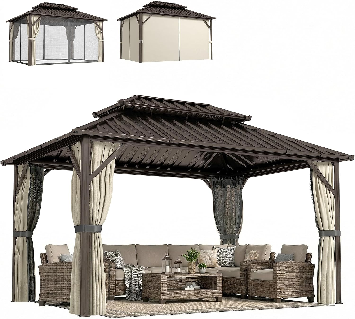 Outsunny 10' x 14' Hardtop Gazebo with UPF50+ Double Galvanized Steel Roof Canopy, Aluminum Frame Permanent Outdoor Gazebo with Curtains and Netting, Ceiling Hooks, Brown