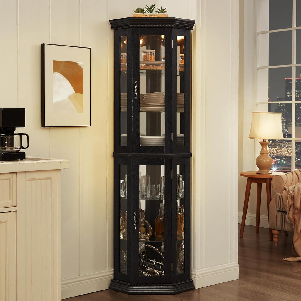 70' Lighted Corner Curio Cabinet,Inside Mirror Corner Glass Display Case with Tempered Glass Door for Living Room, Antique Collectibles, Wine & Bar Glass Storage, Lights Included