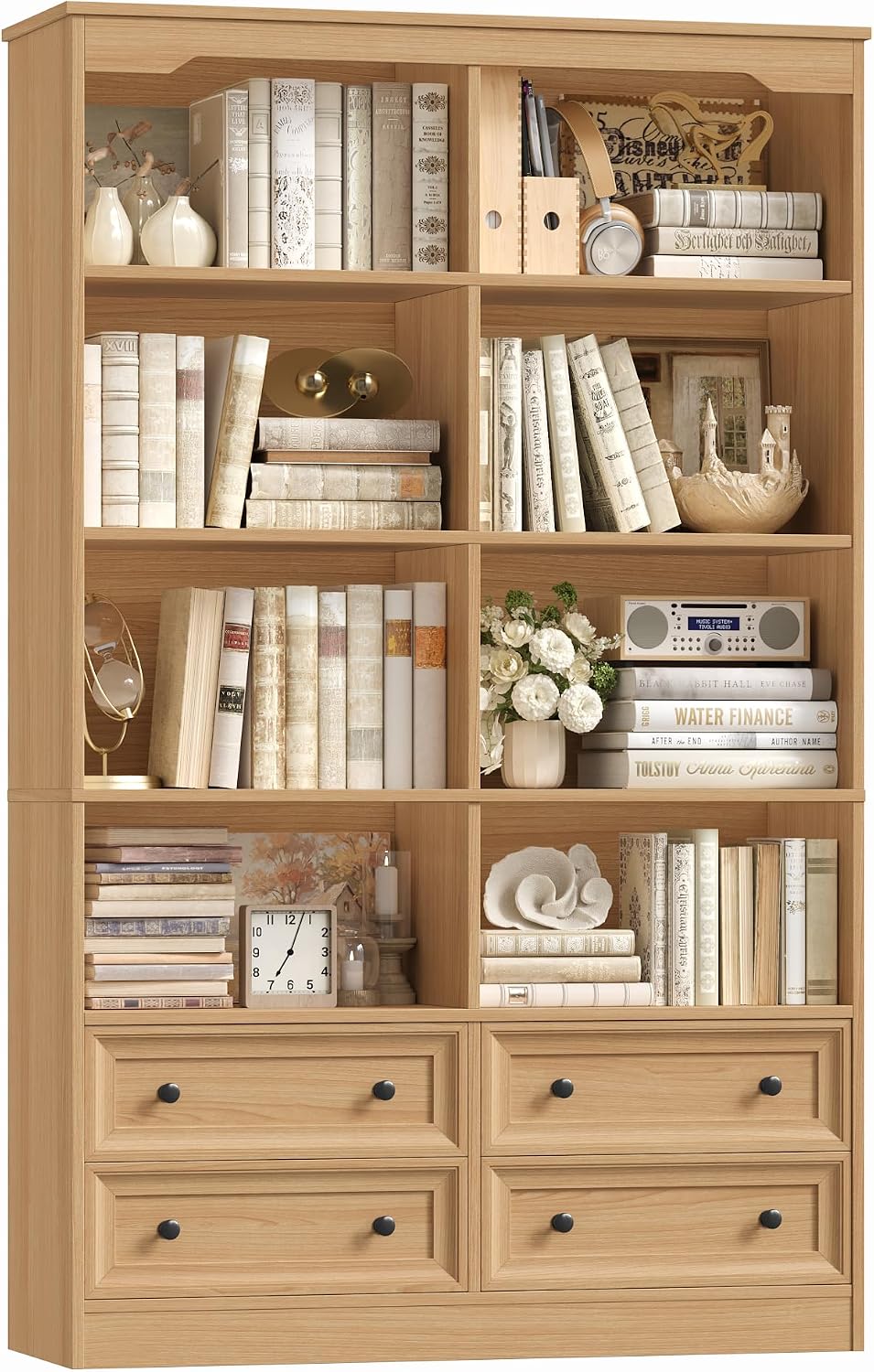 FINETONES 71' Tall Bookshelf with 4 Drawers, 6-Tier Double Wide Bookshelves and Bookcases with Storage, Natural Bookshelf Large Open Bookshelves Standing Book Cabinet for Home Office