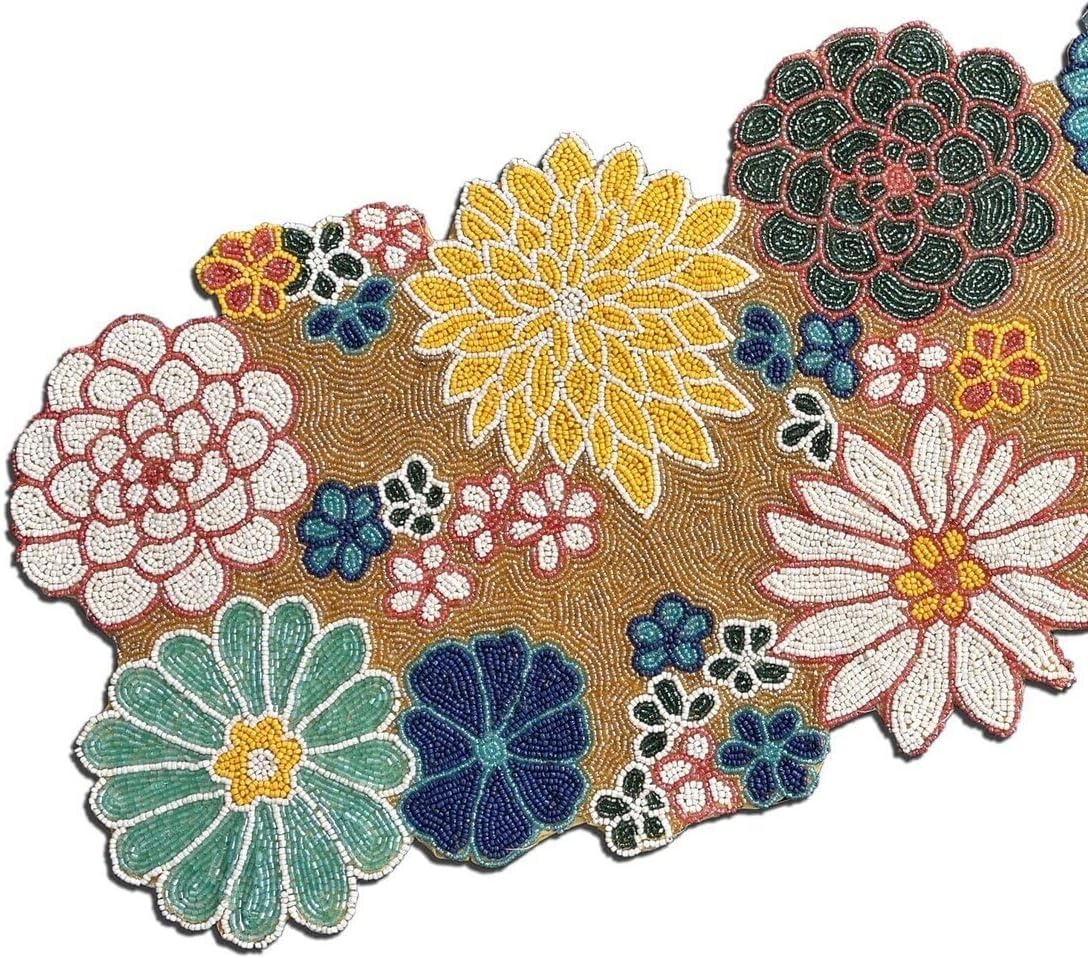 HM Creations Multicolor Table Runner Beaded Table Runner, Floral Summer Table Runner and Mats 13X36 Inch Beaded Multicolor Floral Table Runner for Center Table, Dinning Decoration. (6 Place Mats)