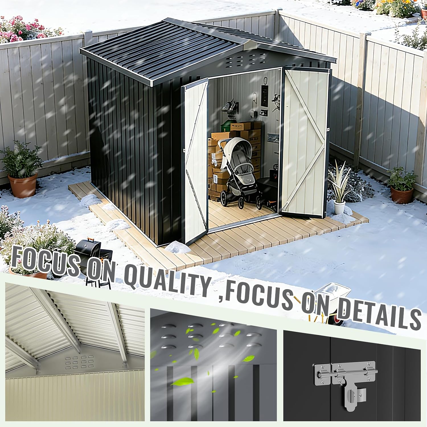 8 X 8 FT Metal Outdoor Storage Shed, Waterproof Garden Utility Shed with Lockable Door, All-Weather Storage Shelter for Bikes,Tool for Patio Lawn Backyard Garden Black
