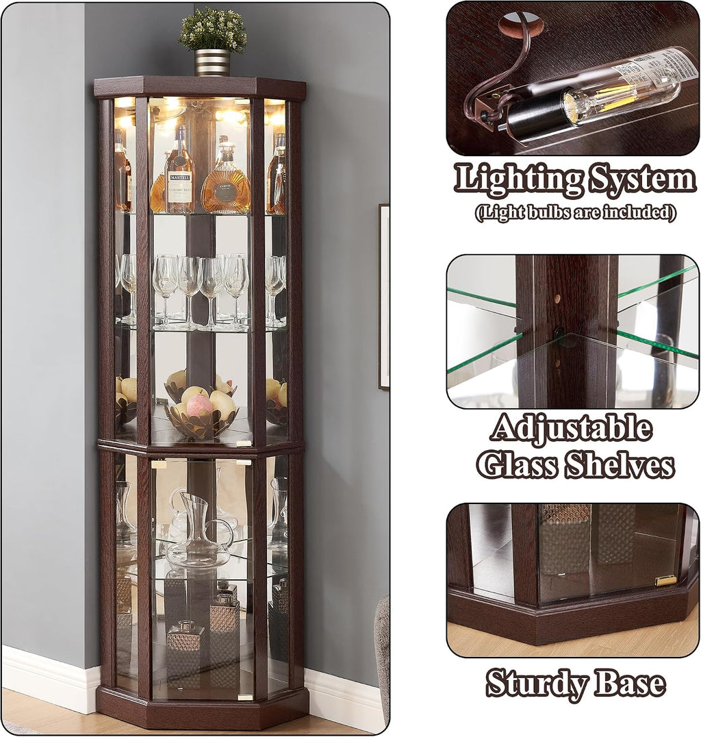 69' H Lighted Curio Cabinet Corner Display Case,Corner Glass Cabinets with Tempered Glass Door and Adjustable Shelves,Wooden Curio Cabinet with Mirrored Back Pane (Style 1 - Dark Cherry)