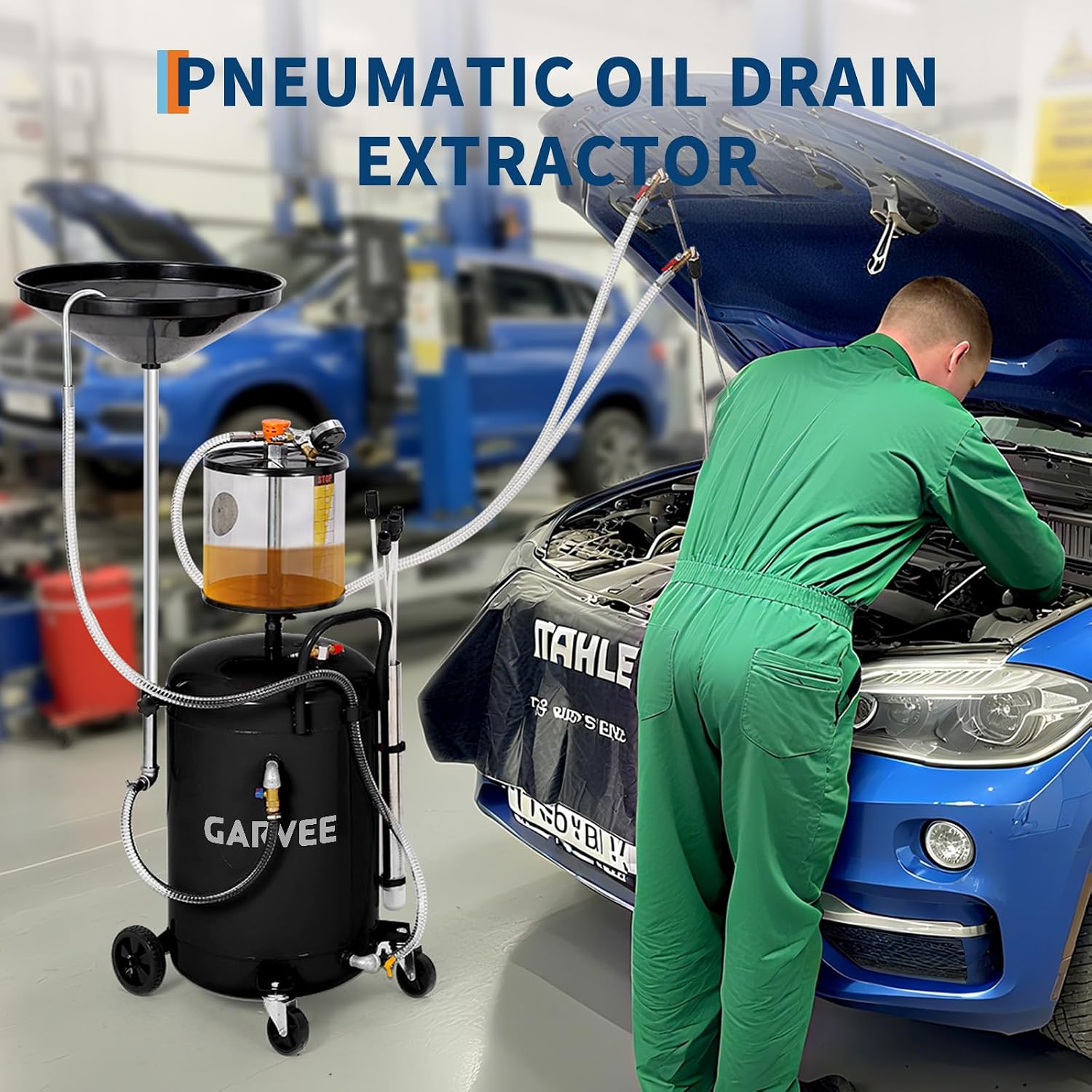 Garvee 20 Gallon Waste Oil Drain Tank, Air Operated Portable Oil Drainer with Adjustable Funnel, Fluid Fuel Transfer Drainage with Wheels, Oil Change Container for Automotive Workshops