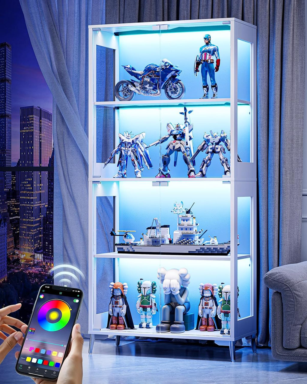 Glass Display Cabinet with Doors, 4-Tier Storage & Display Case with Adjustable Shelves, RGB LED Lights with APP & Remote Control, Metal Base Curio Cabinet for Collectibles & Living Room Furniture