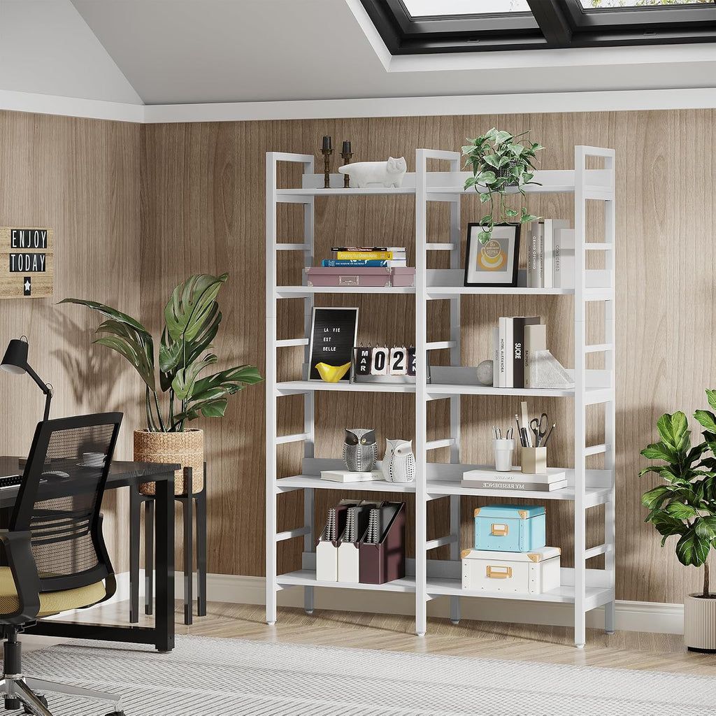Tribesigns 5-Tier Industrial Bookshelf, 71'H x 47'W Etagere Bookcase, Freestanding Double Wide Book Shelf for Storage and Display, Wood and Metal Bookshelves for Living Room Home Office, White