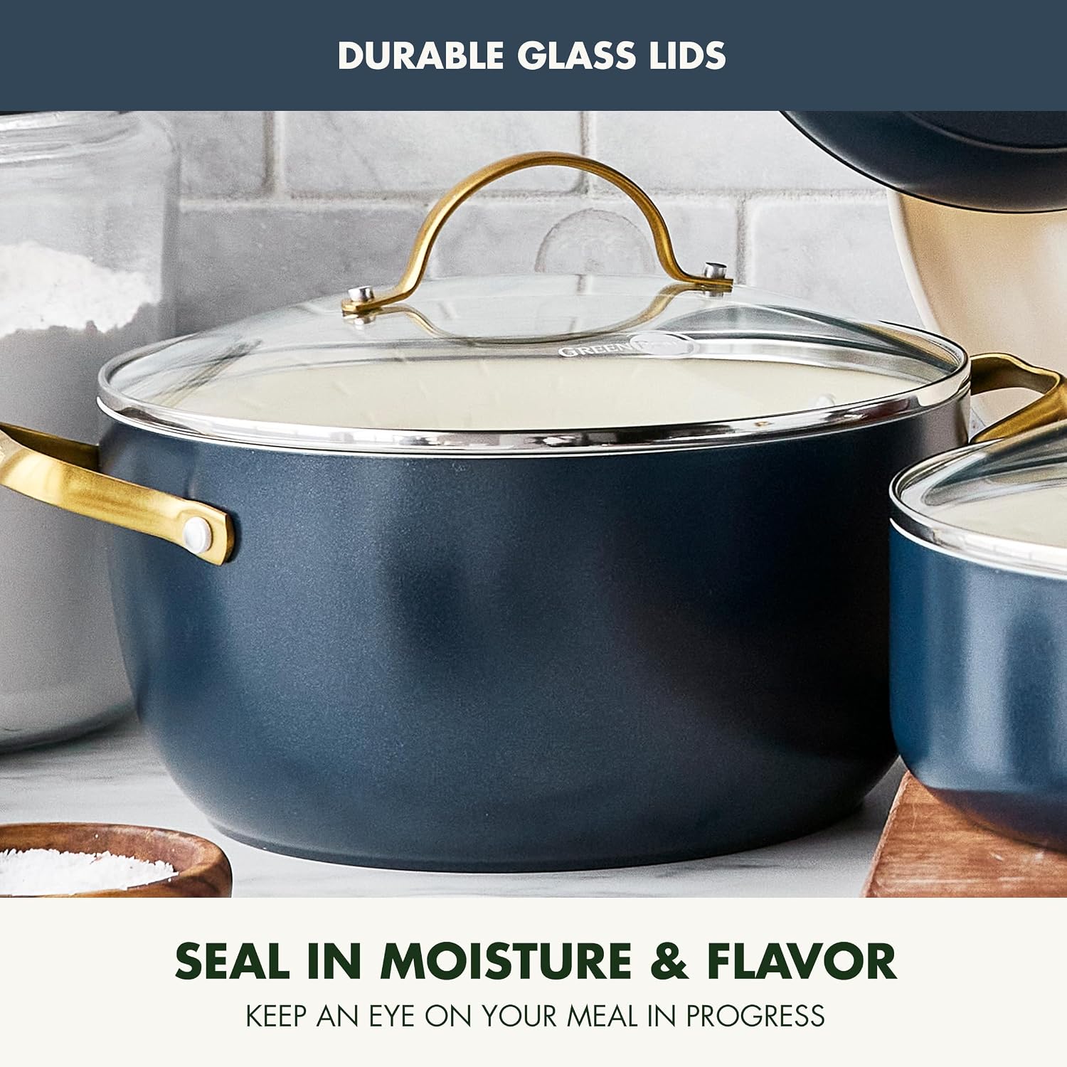GreenPan Hard Anodized Healthy Ceramic Nonstick 10 Piece Cookware Pots and Pans Set, Gold-Tone Stainless Steel Handles, PFAS & PFOA-Free, Dishwasher Safe, Oven & Broiler Safe, Twilight Blue