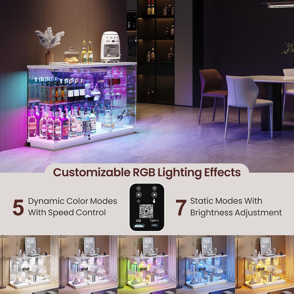Lvifur RGB Glass Display Cabinet - with Lock, High Gloss Curio Cabinet Sideboard with Human Body Sensor & Glass Shelves for Toys, Books, Collectibles, Bookcase for Living Room, Kitchen, Study, White
