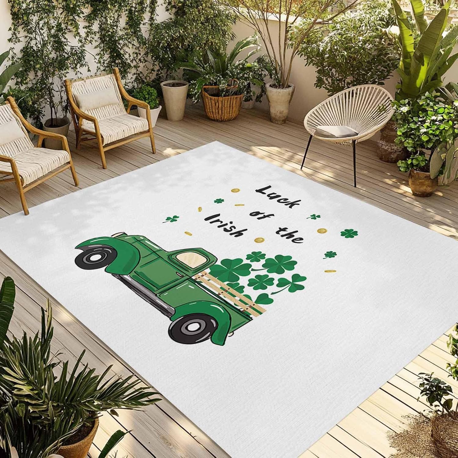 Outdoor Rug 4x6ft Saint Patrick's Day Green Irish Shamrock Leaf Truck Patio Area Rugs Waterproof Easy Cleaning Non Shedding Thick Mats White Carpet for Indoor Outdoor Porch Deck Backyard Balcony