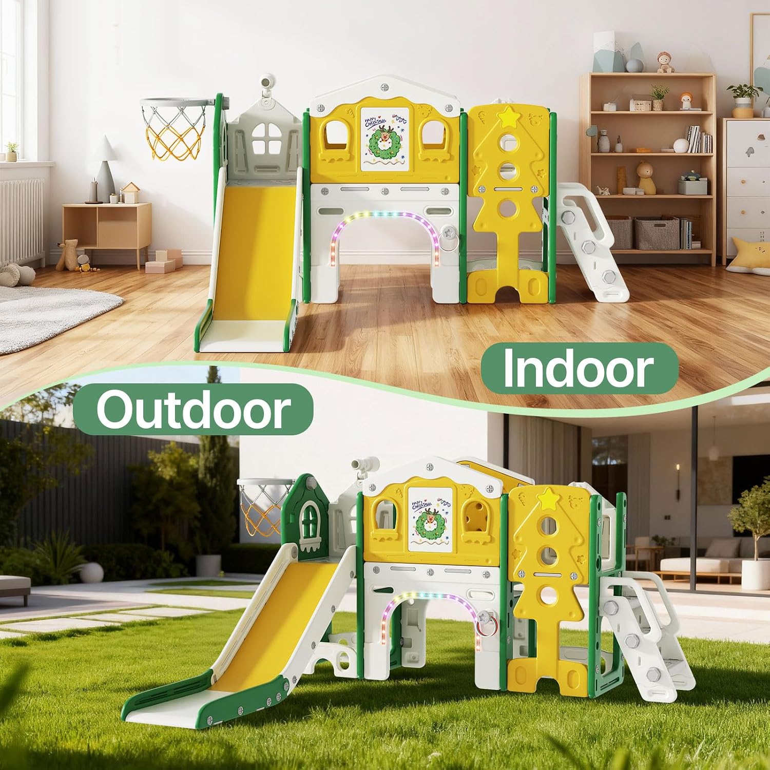 BIERUM 10 in 1 Toddler Slide Set - Baby Slide for Toddlers 1-3 with Colorful Lights, Drawing Board and Building Blocks Board, Indoor Outdoor Toddler Playset Playground, Green Yellow