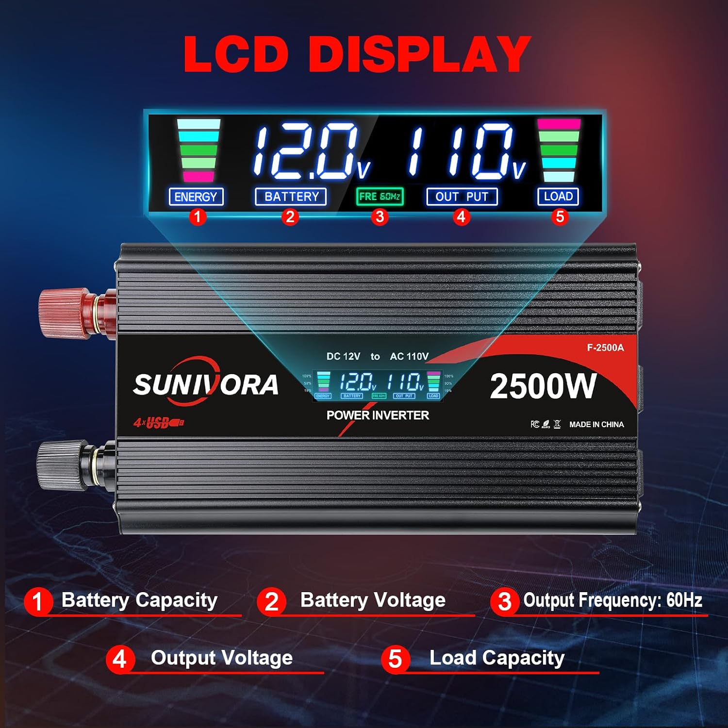 2500 Watt Power Inverter 12V to 110V/120V DC to AC Converter 5000W Peak, with Remote Control & LCD, 4 AC Outlets & 4 USB Ports Power Inverters for Vehicles Car Truck Boat RV Camping Solar System EPS