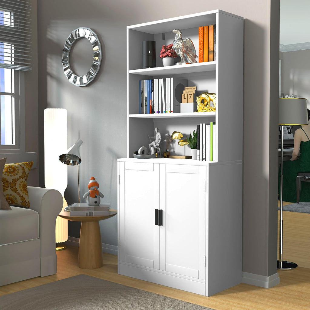 holzart 75' Tall Bookcase with Doors, 5 Tier Large Bookshelf with Cabinet, Standing Wood Display Book Shelf for Living Room, Office, Library with Doors, White