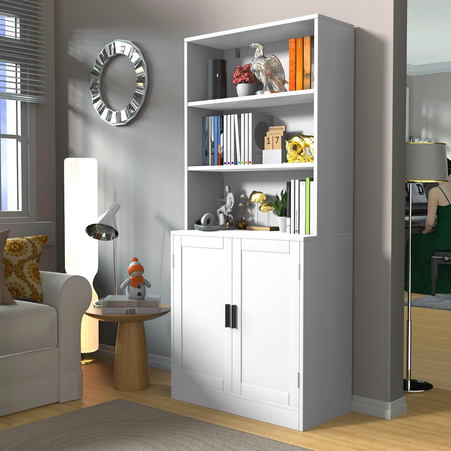 holzart 75' Tall Bookcase with Doors, 5 Tier Large Bookshelf with Cabinet, Standing Wood Display Book Shelf for Living Room, Office, Library with Doors, White