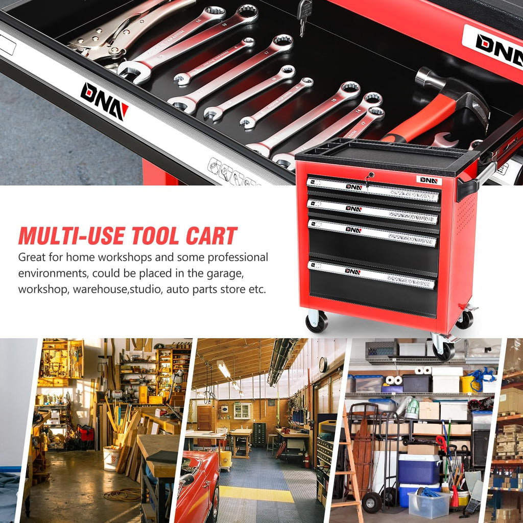 DNA Motoring 4-Drawer Rolling Tools Chest, Rolling Tool Storage Cabinet, Heavy Duty Mechanic Tool Cart, Trolley Organizer for Garage, Warehouse, Workshop, Red, TOOLS-00401