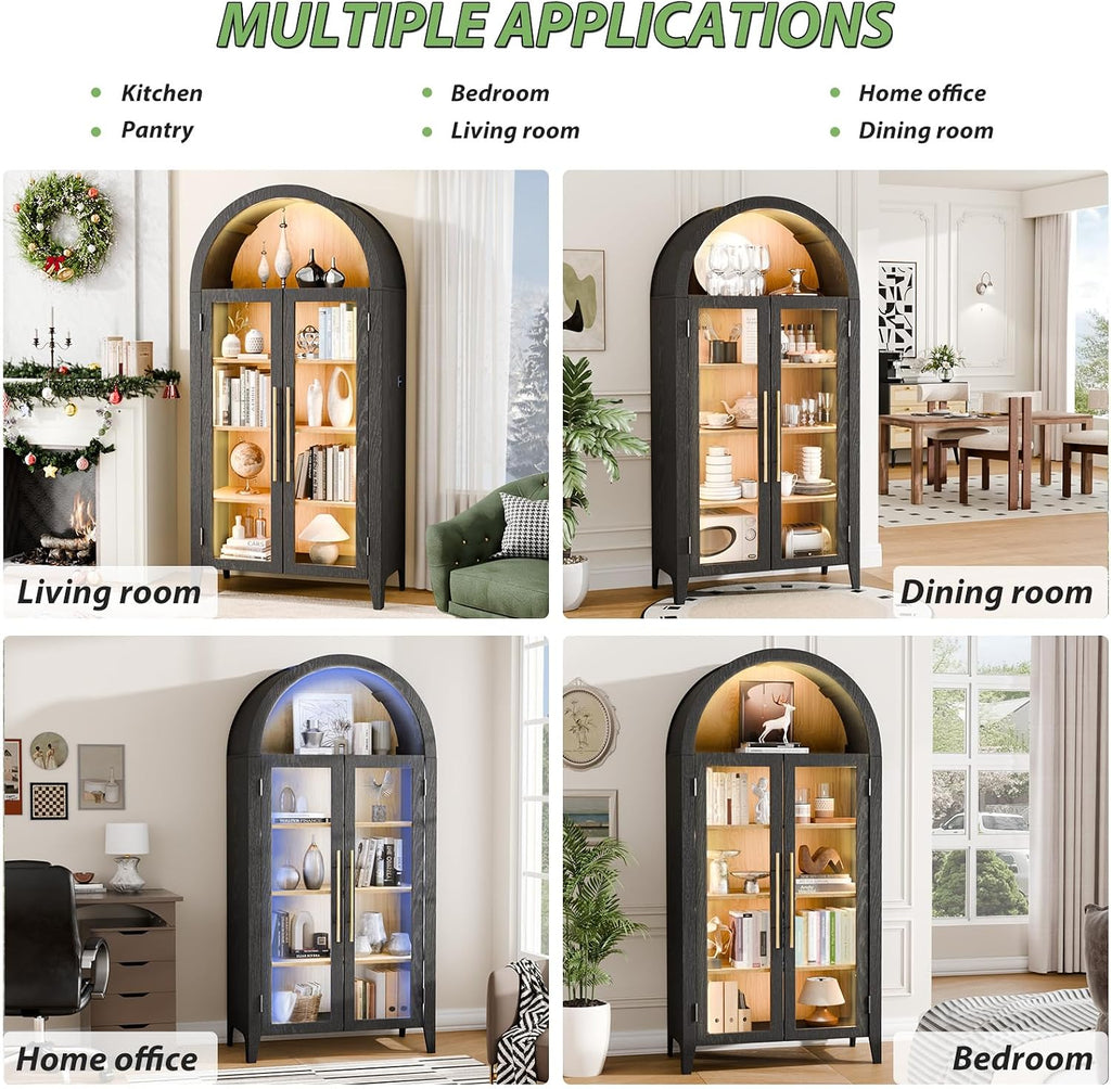 71'H Arched Storage Cabinet with Glass Doors, Modern Display Cabinet with 3 Color Light & Human Body Sensor, 5 Tier Kitchen Pantry Cupboard for Living Room, Dining Room, Black & Oak