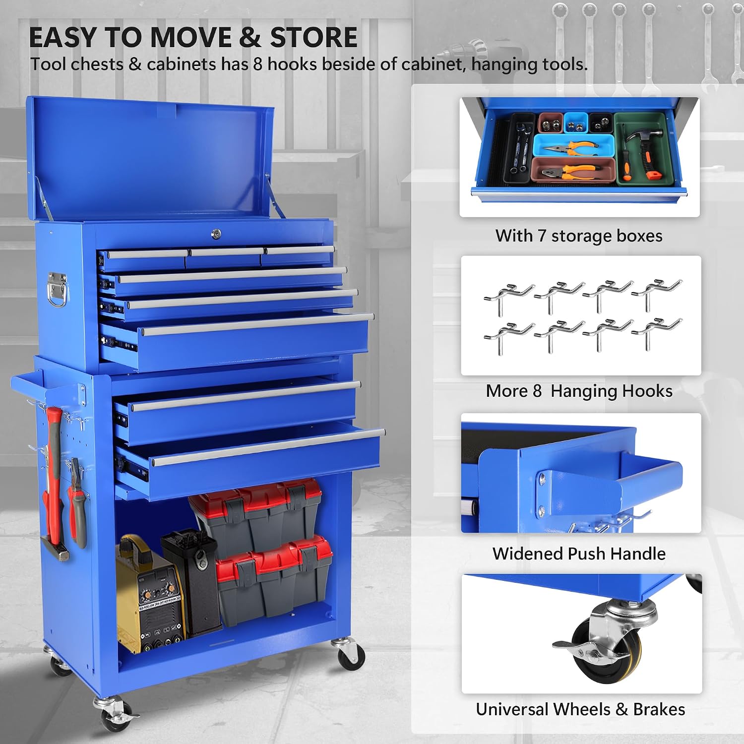 Rolling Tool Chest with Wheels and 8 Drawers, Detachable Large Tool Cabinet with Lock for Garage, Locking Mechanic Tool Cart with Black Liner for Warehouse, Workshop, High Capacity