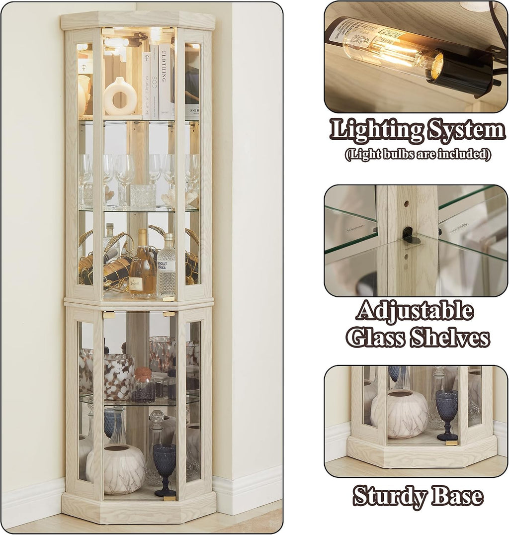 69' H Lighted Curio Cabinet Corner Display Case,Corner Glass Cabinet with Tempered Glass Door and Adjustable Shelves,Wooden Curio Case with Mirrored Back Pane (Style 2 - Antique White)