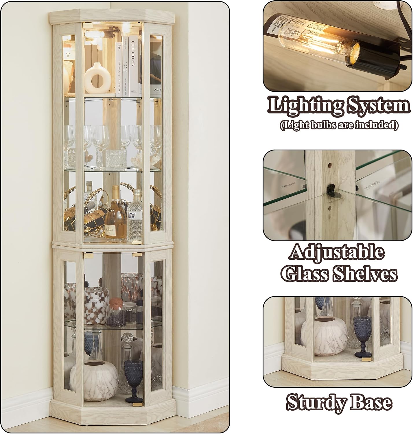 69' H Lighted Curio Cabinet Corner Display Case,Corner Glass Cabinet with Tempered Glass Door and Adjustable Shelves,Wooden Curio Case with Mirrored Back Pane (Style 2 - Antique White)