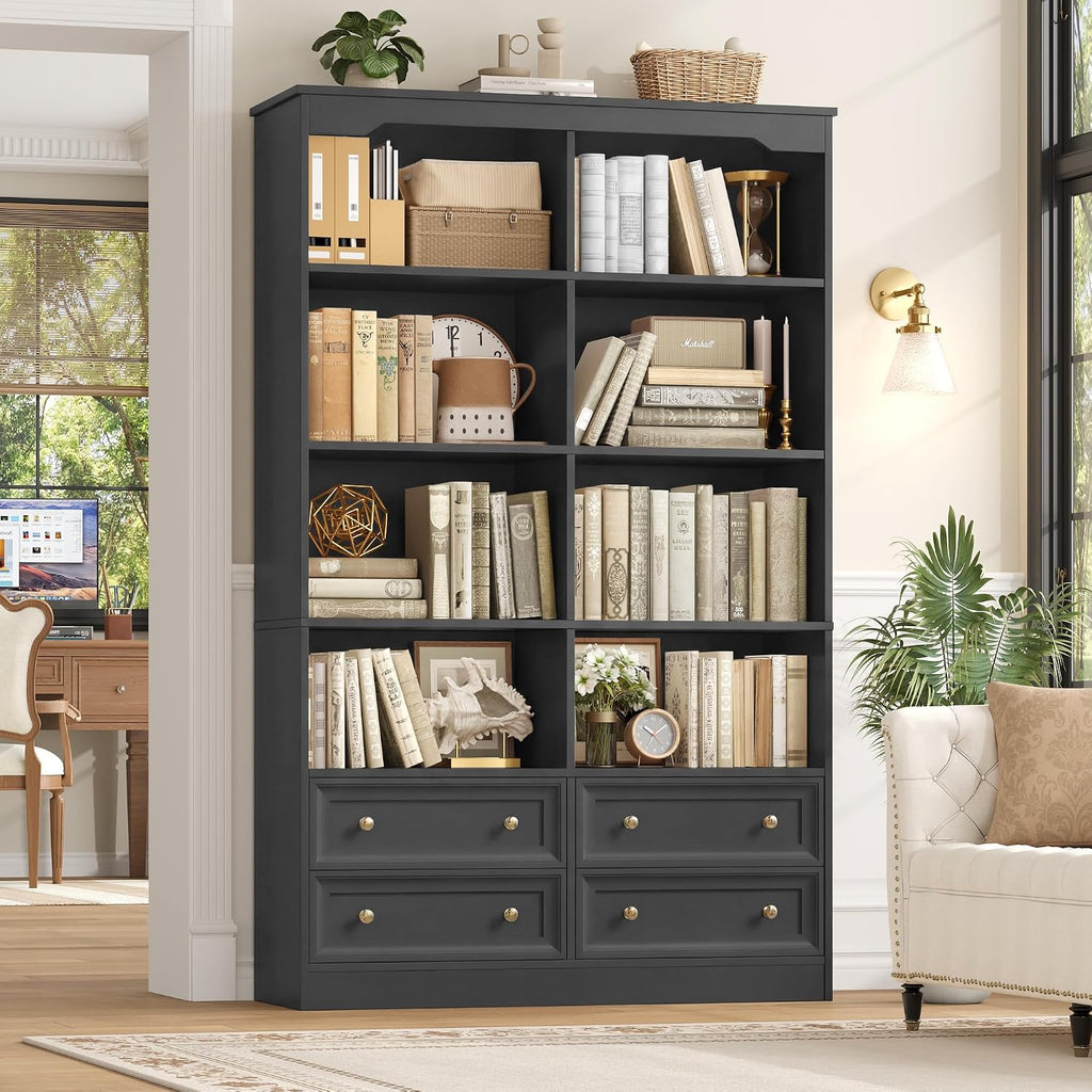 FINETONES 71' Black Bookshelf with 4 Drawers, 6-Tier Double Wide Bookshelves and Bookcases with Storage, Tall Bookshelf Large Open Bookshelves Standing Book Cabinet for Home Office, Black