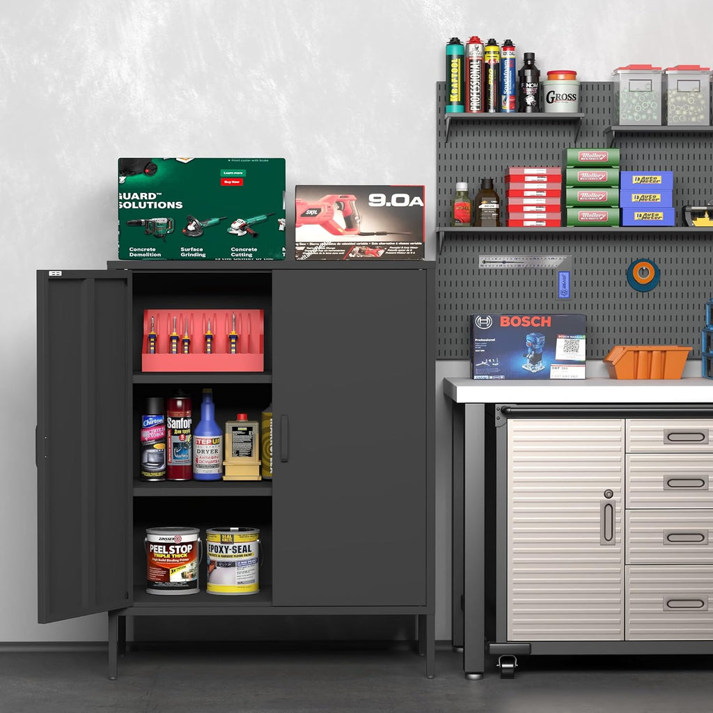 Ustamio 2 Door Metal Storage Cabinet with 2 Shelves, 3 Tier Garage Storage Locker Cabinet for Home, Entryway, Hallway and Office, Assembly Required, Black, (LC-CSG)