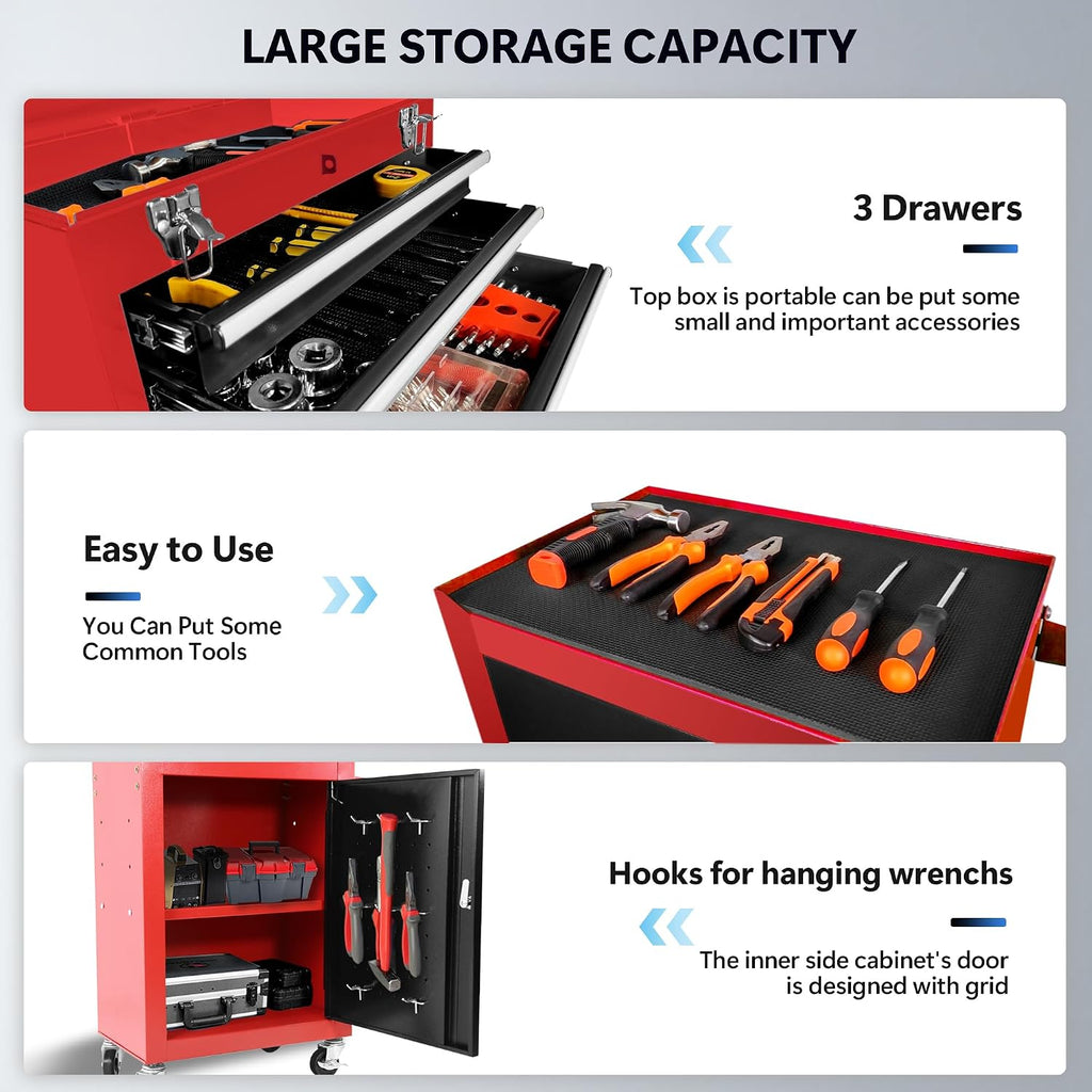 3-Drawer Rolling Tool Chest with Wheels, Tool Chest with Large Storage Cabinet and Adjustable Shelf, Removable Portable Top Box with Locking System Tool Chest for Garage, Warehouse