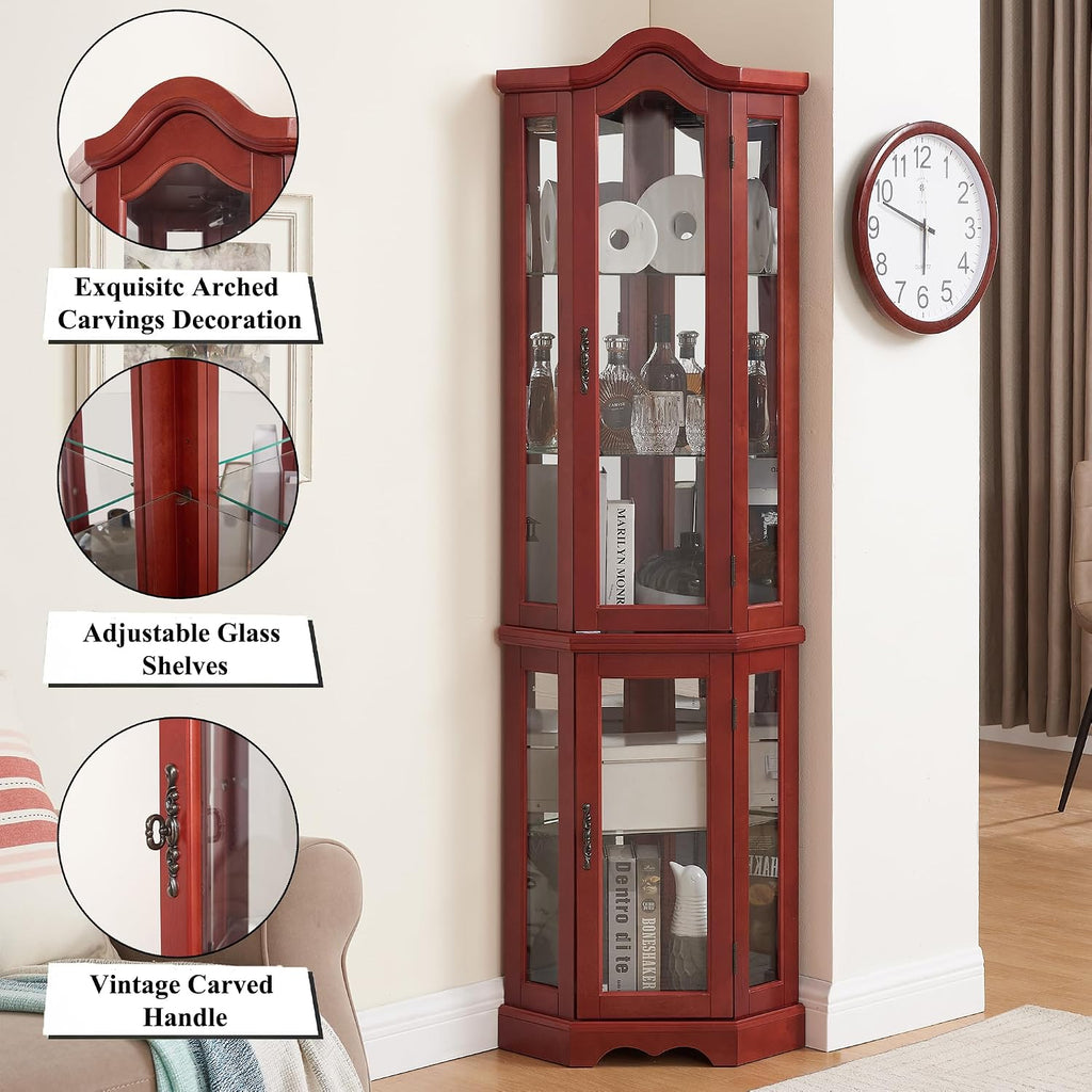 70' H Lighted Curio Cabinet Corner Display Case, Corner Glass Case w/Tempered Glass Door & Adjustable Shelves, Carved Crown Decoration Wooden Cabinet w/Mirrored Back Pane (Cherry)