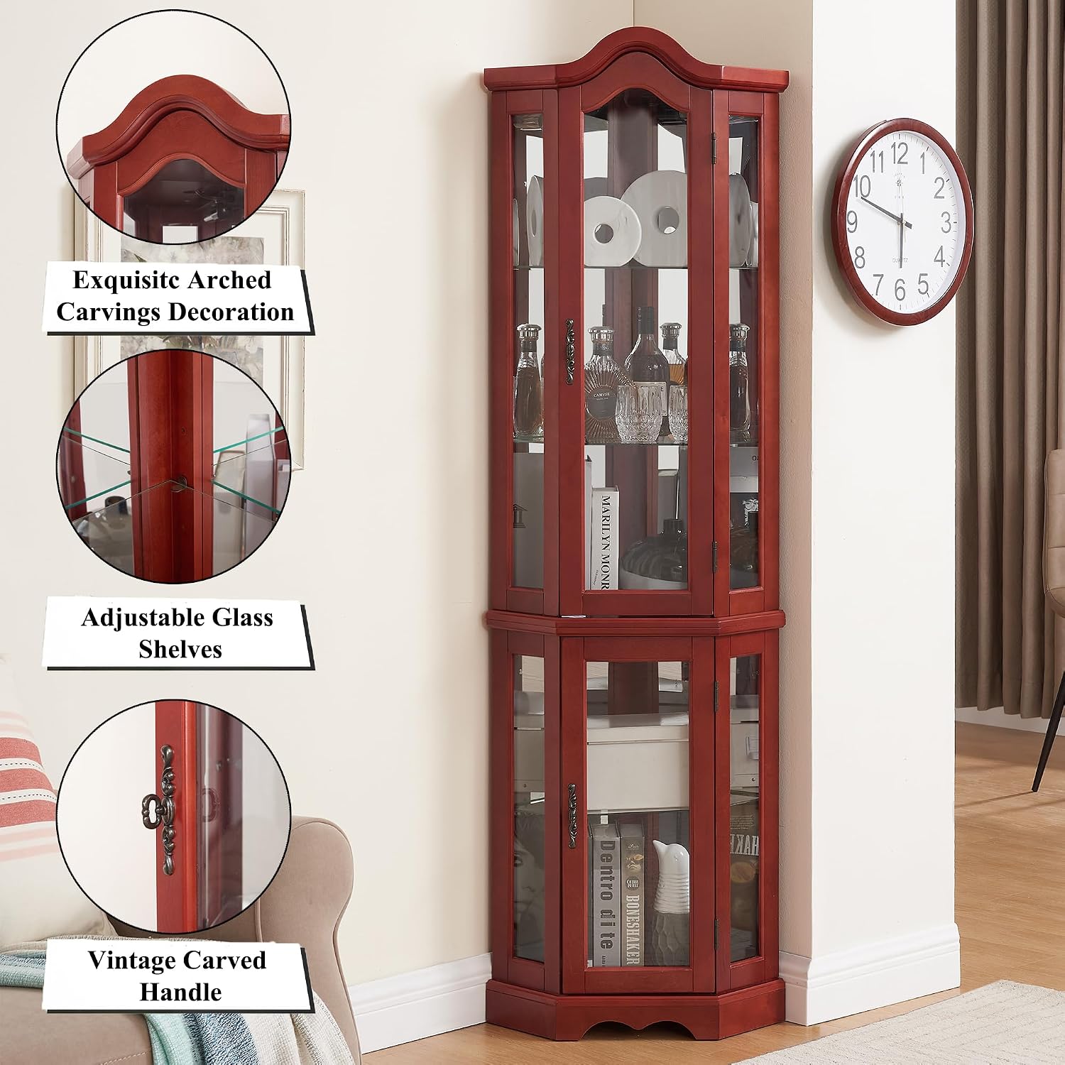 70' H Lighted Curio Cabinet Corner Display Case, Corner Glass Case w/Tempered Glass Door & Adjustable Shelves, Carved Crown Decoration Wooden Cabinet w/Mirrored Back Pane (Cherry)