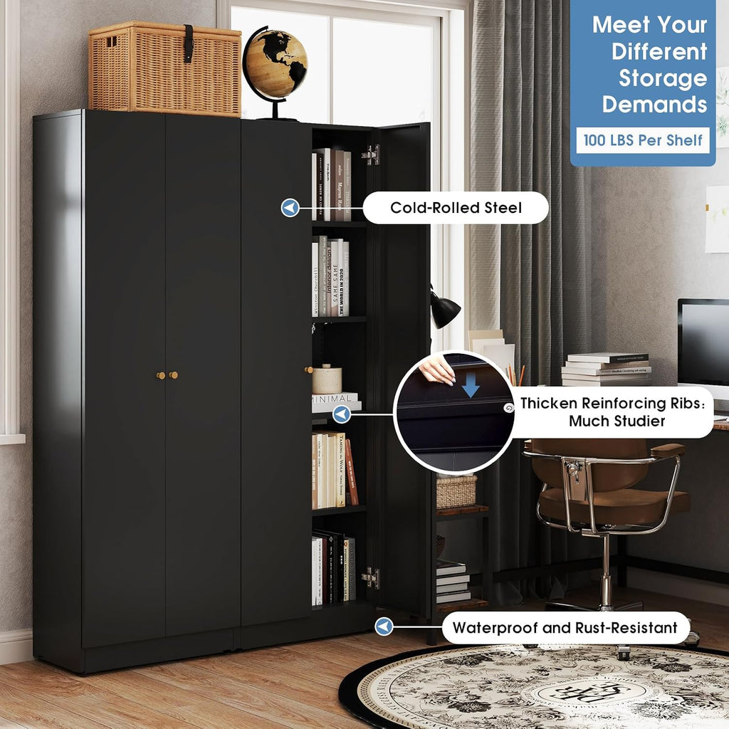 IRONMIX Metal Bookshelf with Doors, Tall Bookcase with Adjustable Shelves, 5-Tier Book Case Shelf Storage Organizer Storage Cabinet for Home Office Living Room