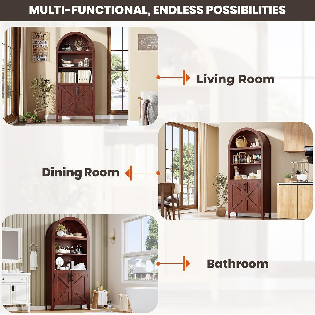 IDEALHOUSE Arched Kitchen Pantry Cabinet with Doors - 5-Tier Open Display Shelf with Nice Texture, Farmhouse Storage Cabinet for Kitchen, Dining Room, Living Room, Walnut