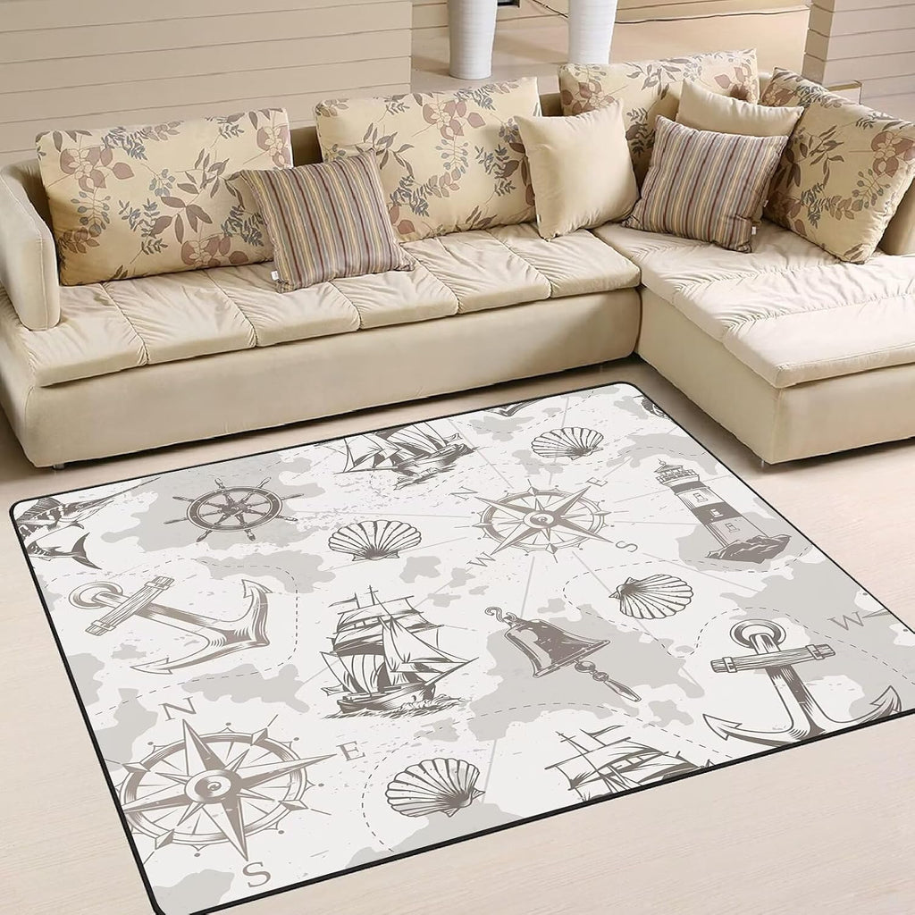 6' x 9' Grey Vintage Nautical Area Rugs for Kids Boys Girls Ocean Coastal Throw Rugs for Living Room Bedroom Playroom Sea Beachy Floor Mat Pad Doormat Carpet