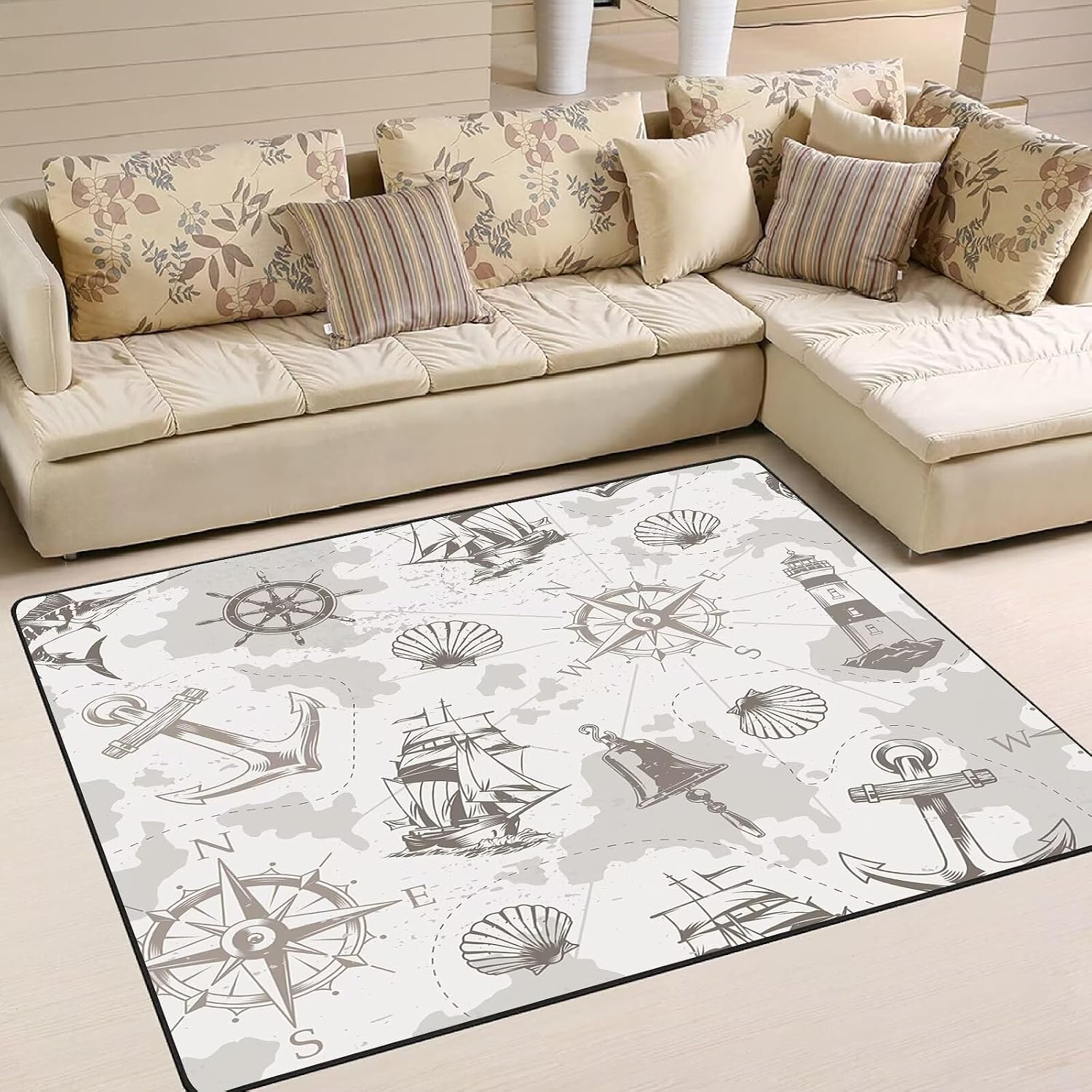 6' x 9' Grey Vintage Nautical Area Rugs for Kids Boys Girls Ocean Coastal Throw Rugs for Living Room Bedroom Playroom Sea Beachy Floor Mat Pad Doormat Carpet