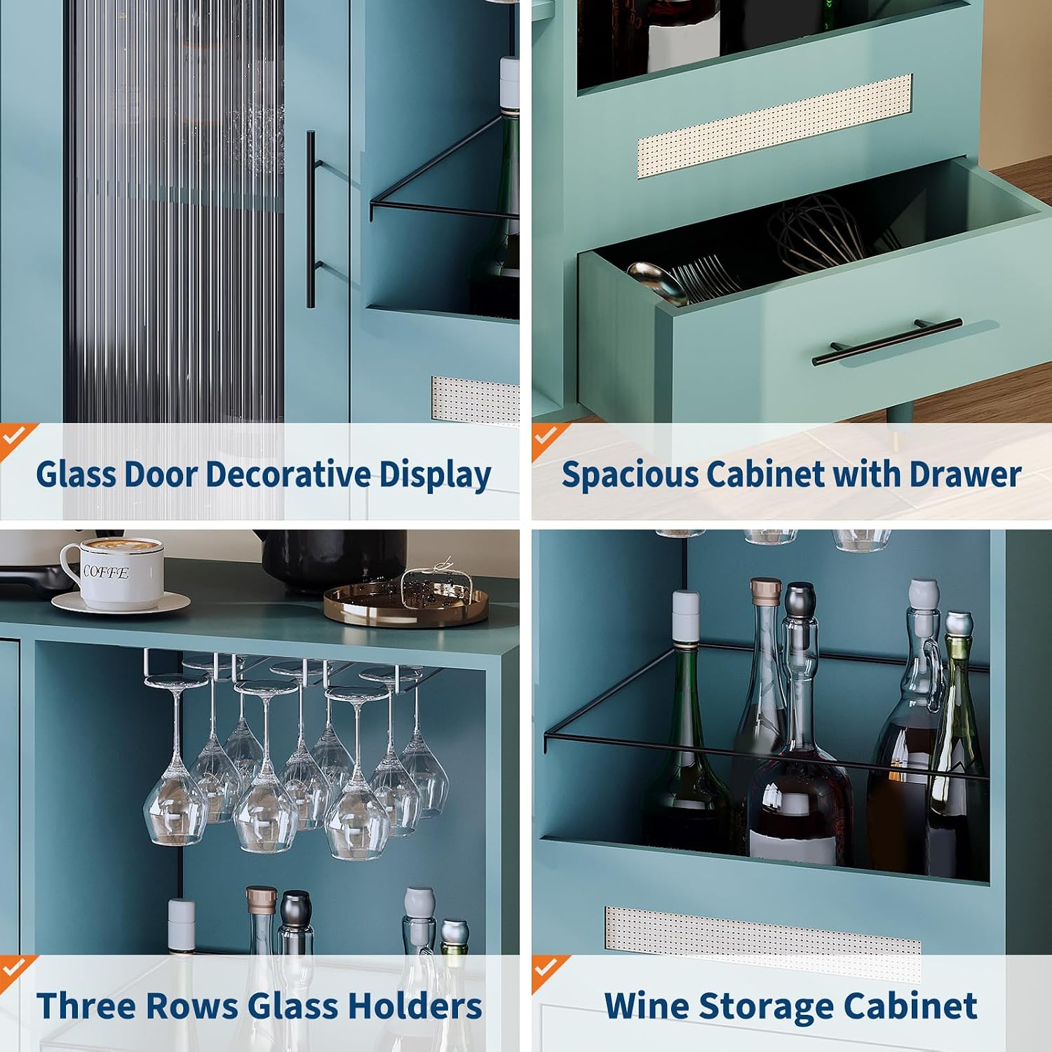 GarveeHome Modern Wine Bar Cabinet with Wine Glass Rack, Glass Door Display and Drawers, Coffee Bar & Liquor Cabinet with Storage, Buffet Sideboard Table for Home, Kitchen, Dining Room, Living Room