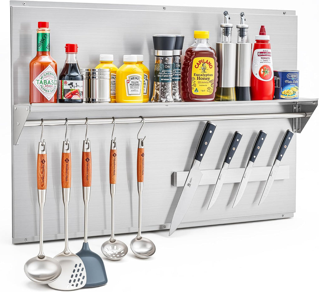 Wilprep Stainless Steel Stove Backsplash, 36'x24' Range Hood Backsplash with Storage Shelf Magnetic Knife Rack, Range Backsplash with Predrilled Holes, Stainless Steel Backsplash for Stove Range Hood