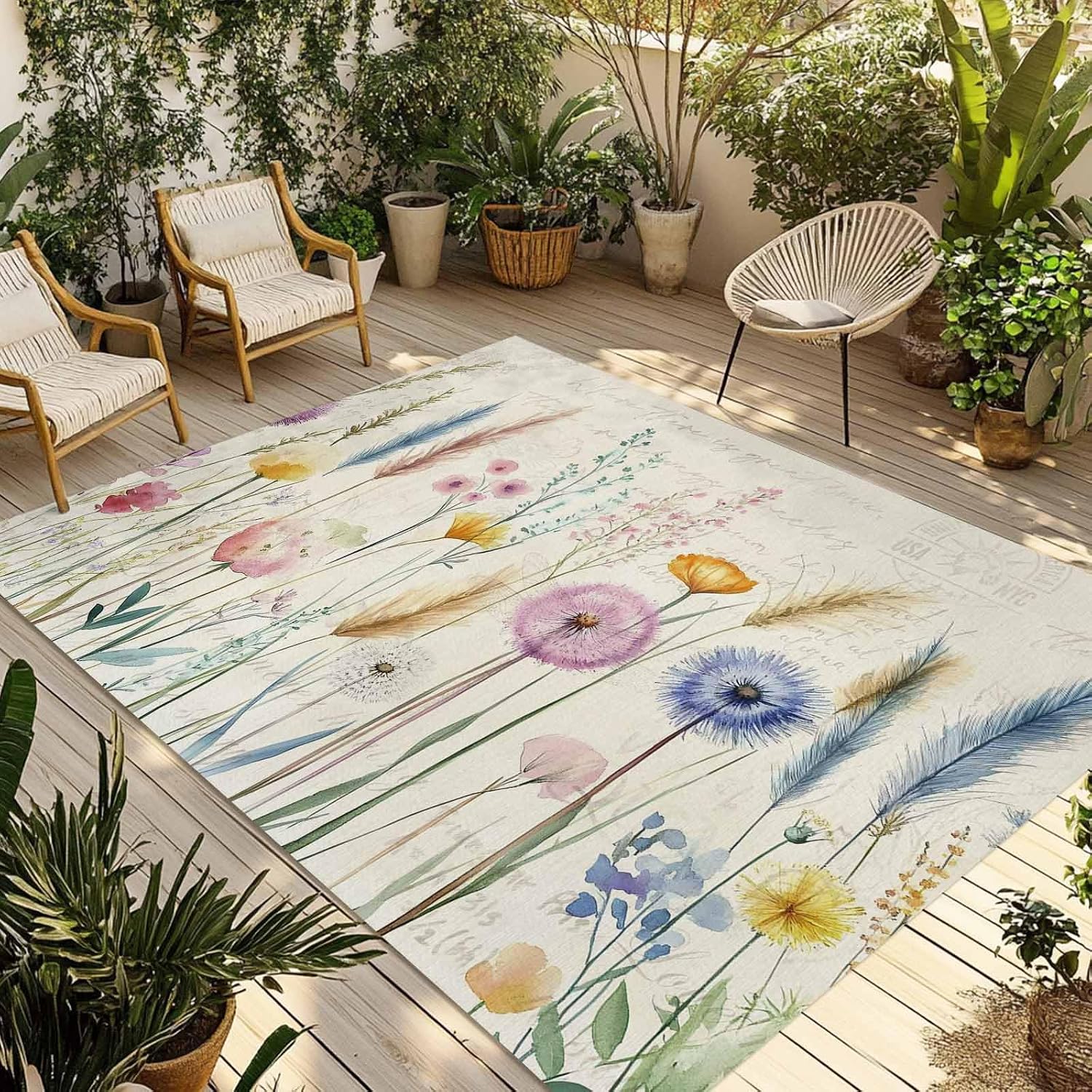 Outdoor Rug 4x6ft Spring Watercolor Flowers Patio Area Rugs Retro Beige Postcard Texture Waterproof Easy Cleaning Non Shedding Thick Mats Carpet for Indoor Outdoor Porch Deck Backyard Balcony