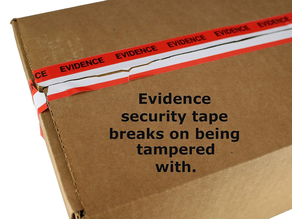 ChromaLabel 1.37 Inch Imprinted Evidence Tape Stickers, Tamper Evident Tape Crime Scene Decorations - 480 Inch Roll (13.33 Yards) with Dispenser Box, Red and White - Case of 10